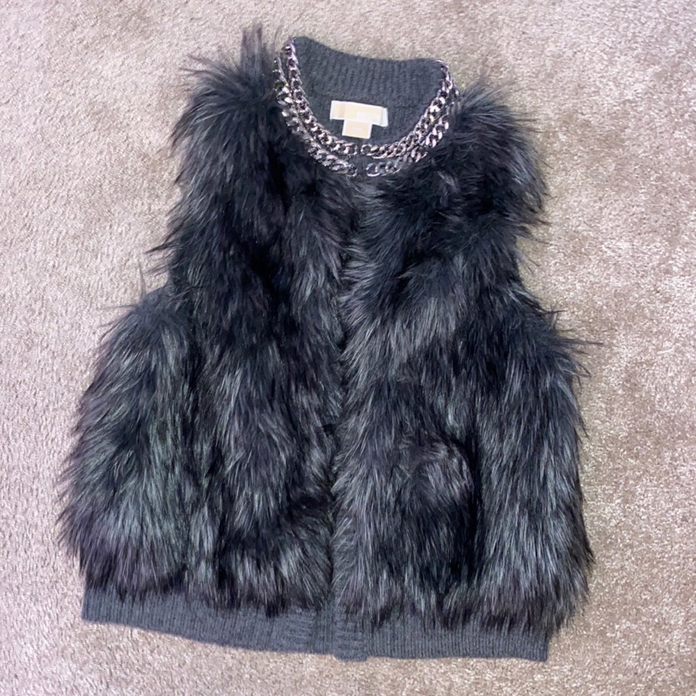 Michael Kors Gray Faux Fur Wool Blend Sleeveless Cardigan Sweater